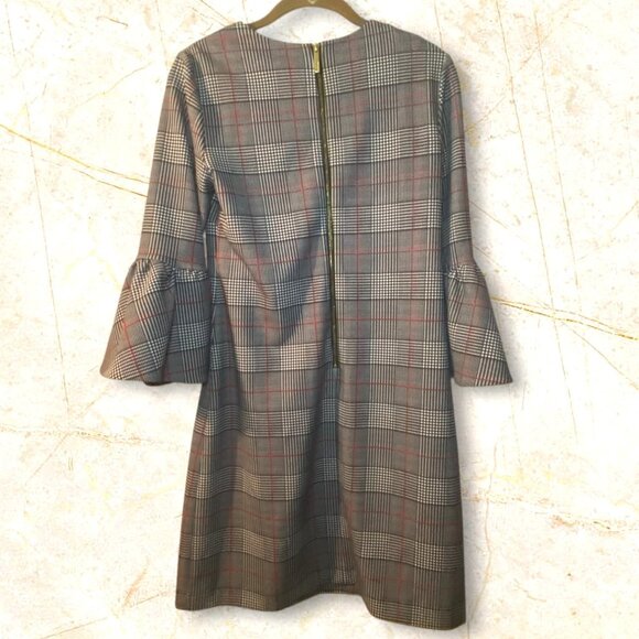 Calvin Klein Plaid Bell Sleeve Dress Houndstooth Pattern Knee Length Back Zip - Picture 2 of 8